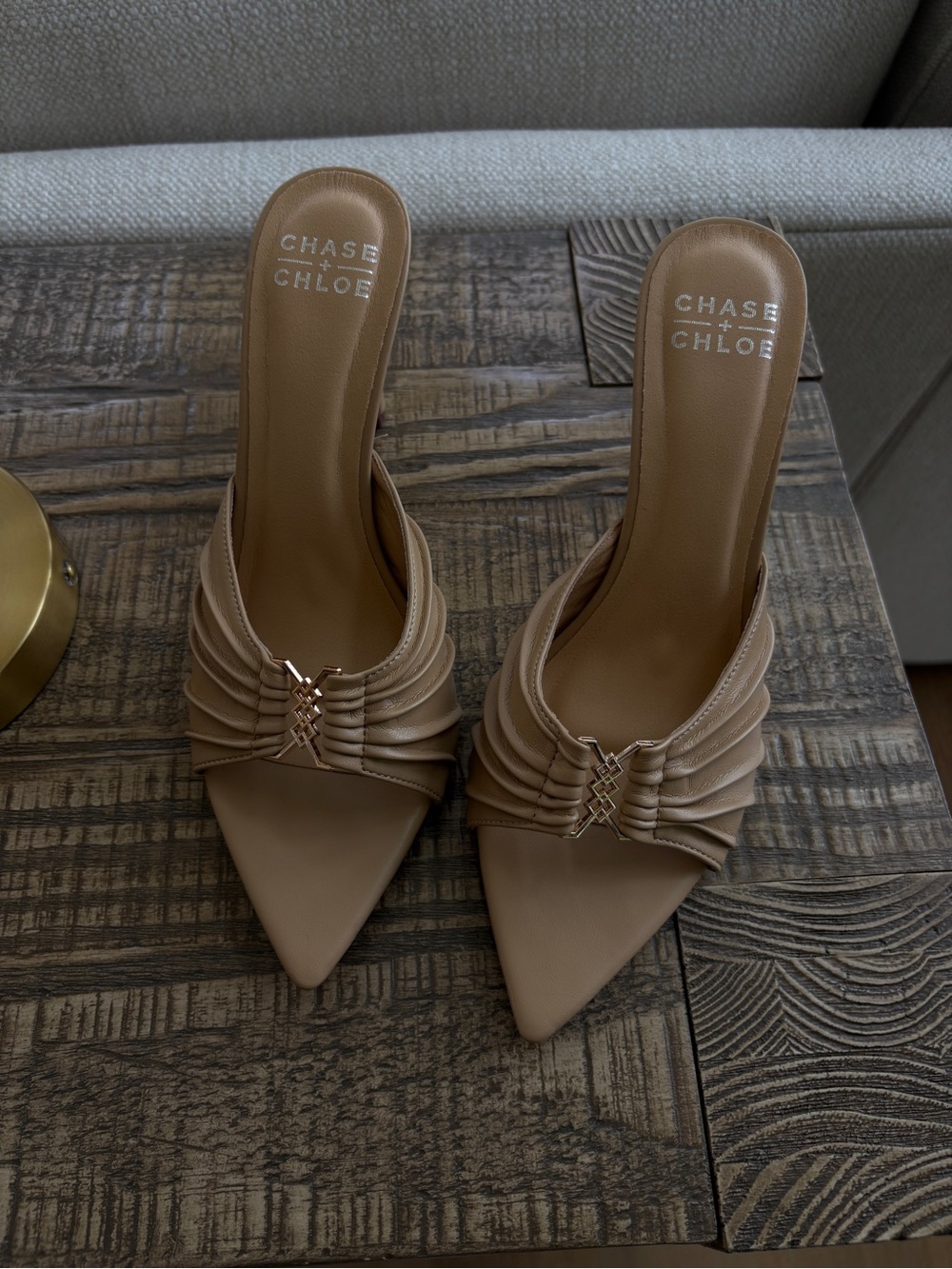 Chase + Chloe Nude Tan Pointed Slide Mules with Gold Accent